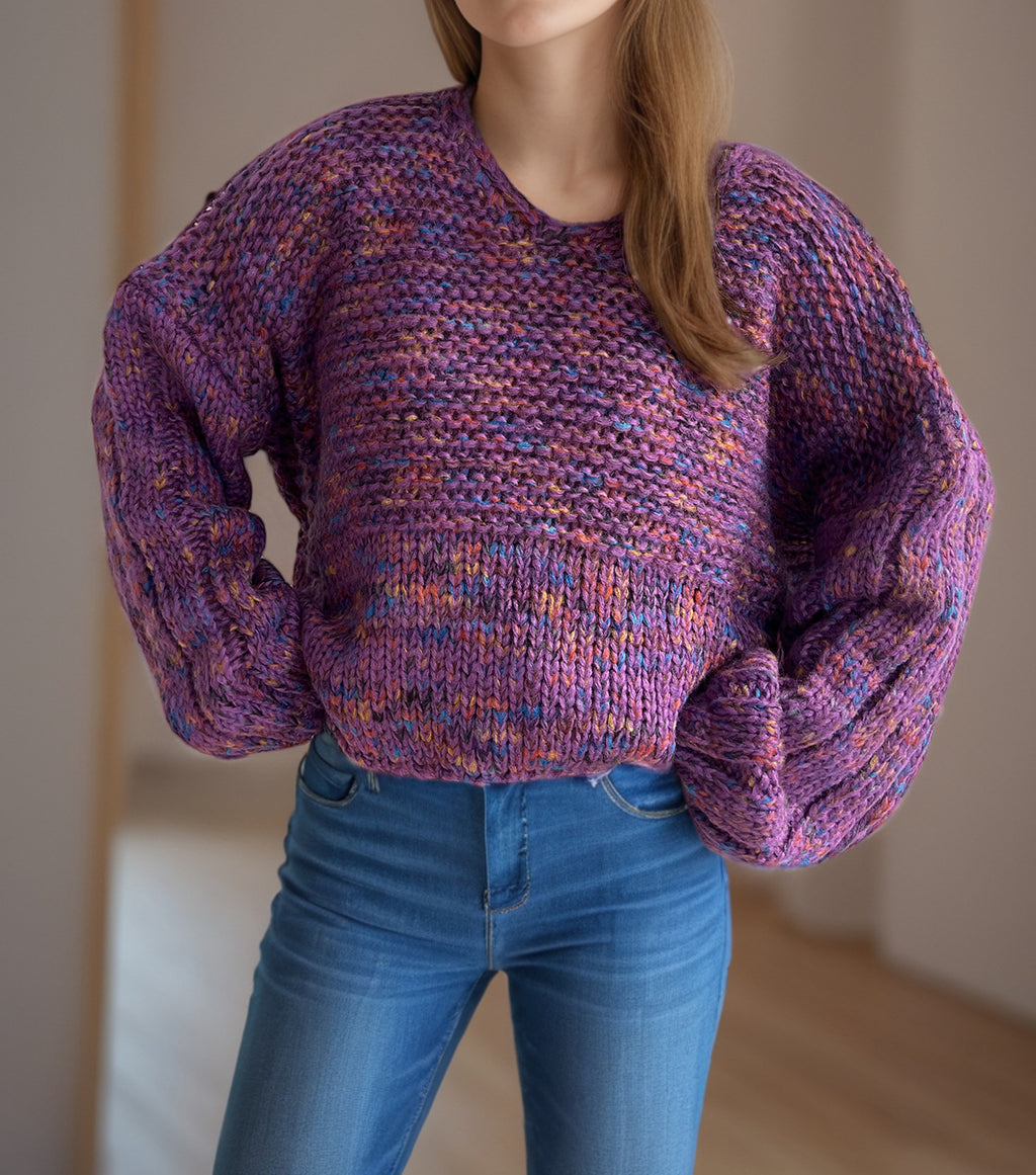 Marled Balloon Sleeve Cropped Jumper - purple - 1