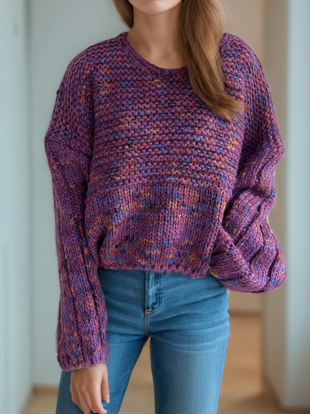 Marled Balloon Sleeve Cropped Jumper - purple - 2