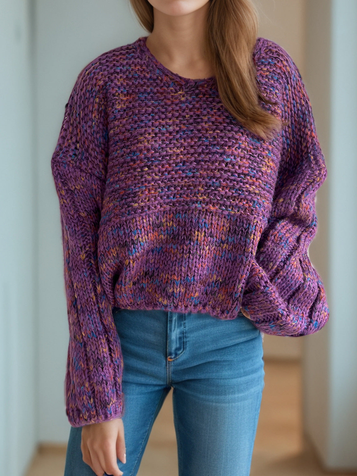 Marled Balloon Sleeve Cropped Jumper - purple - 2