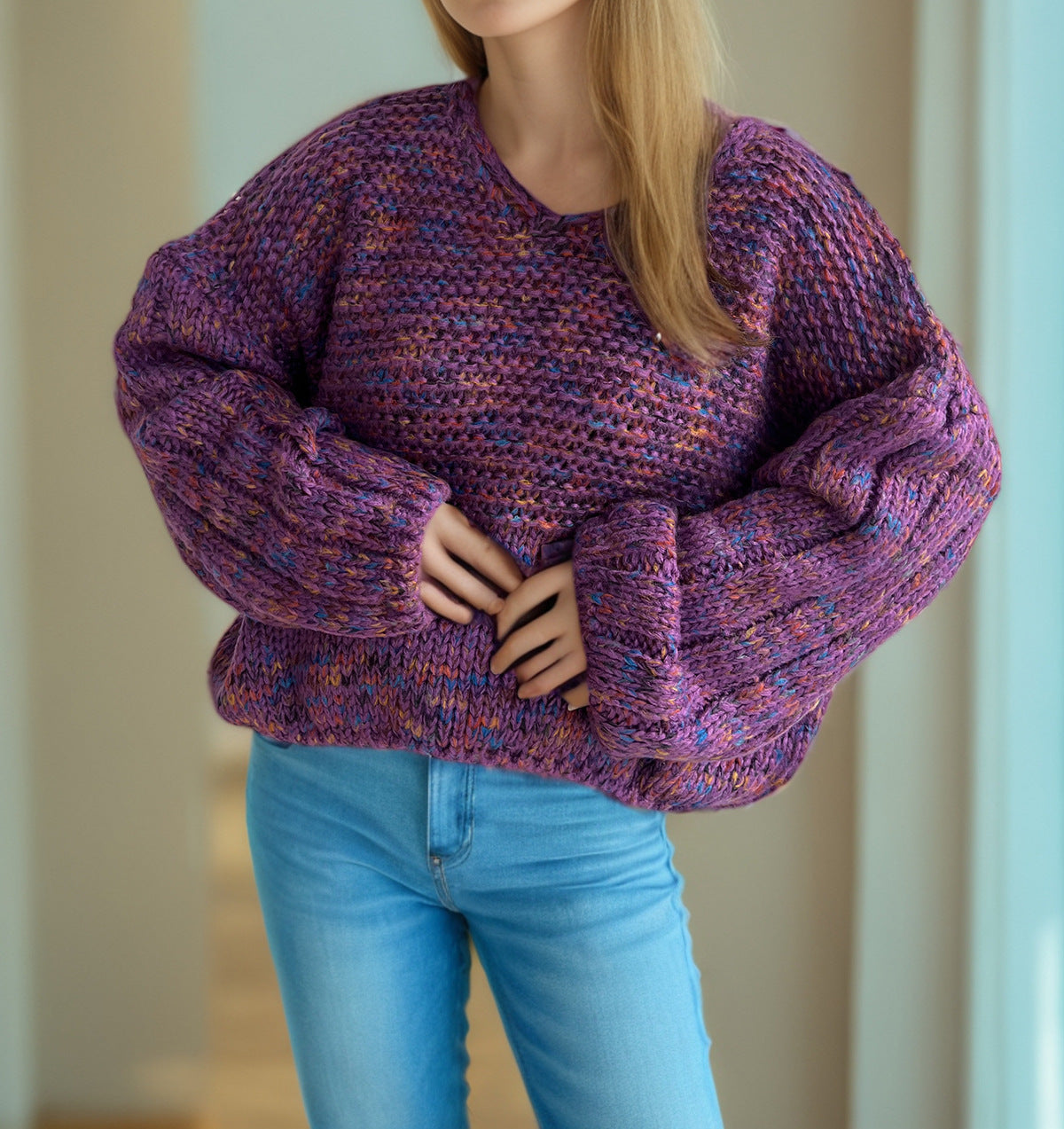 Marled Balloon Sleeve Cropped Jumper - purple - 3