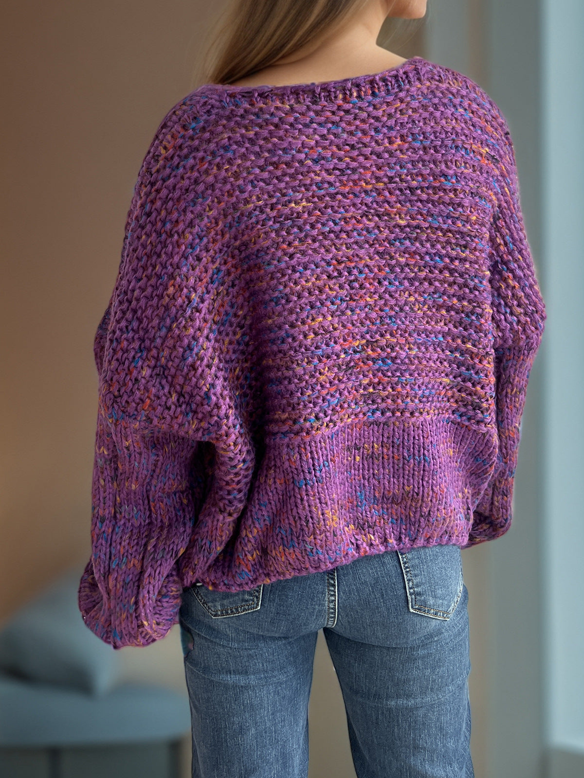 Marled Balloon Sleeve Cropped Jumper - purple - 4