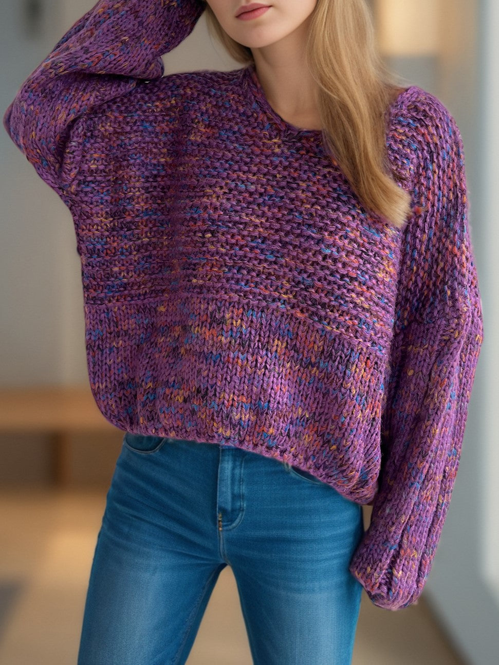 Marled Balloon Sleeve Cropped Jumper - purple - 5