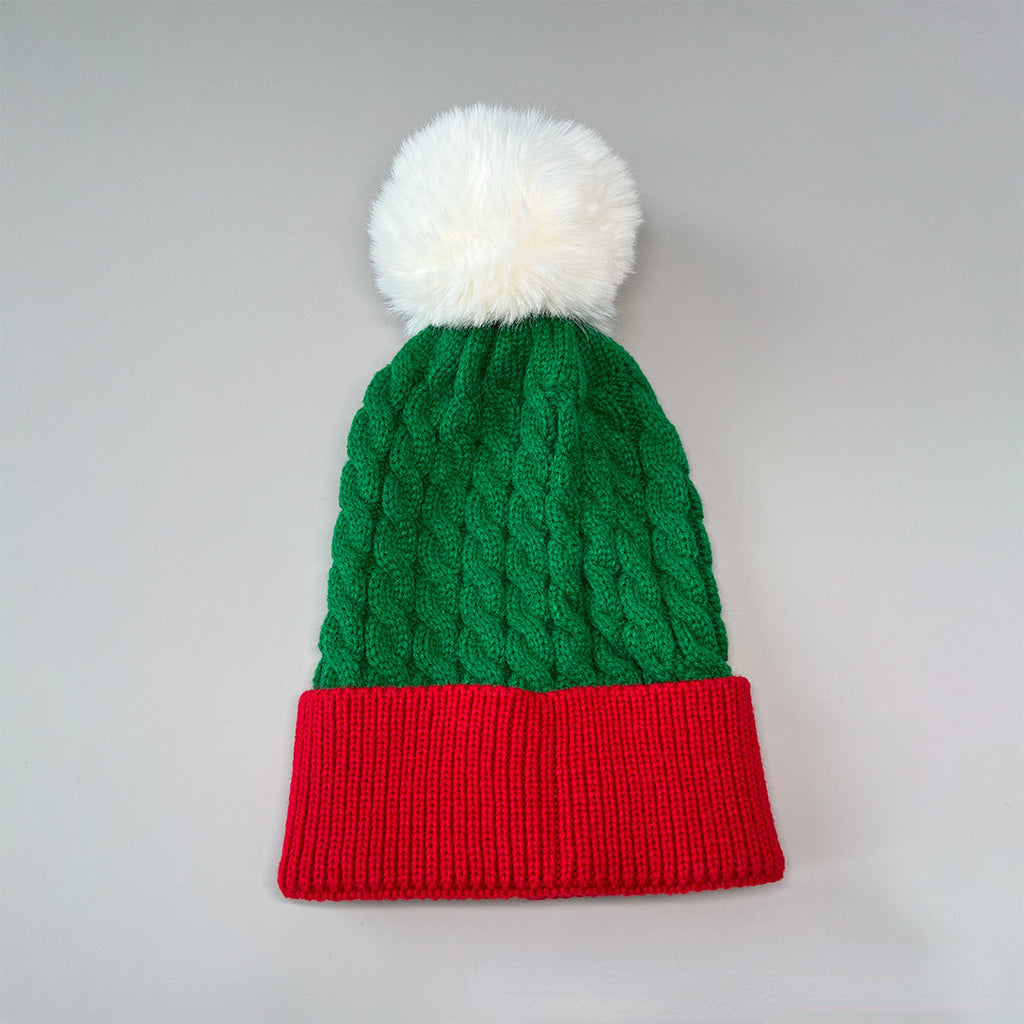 Cable Knit Pom Pom Christmas Beanie - Green