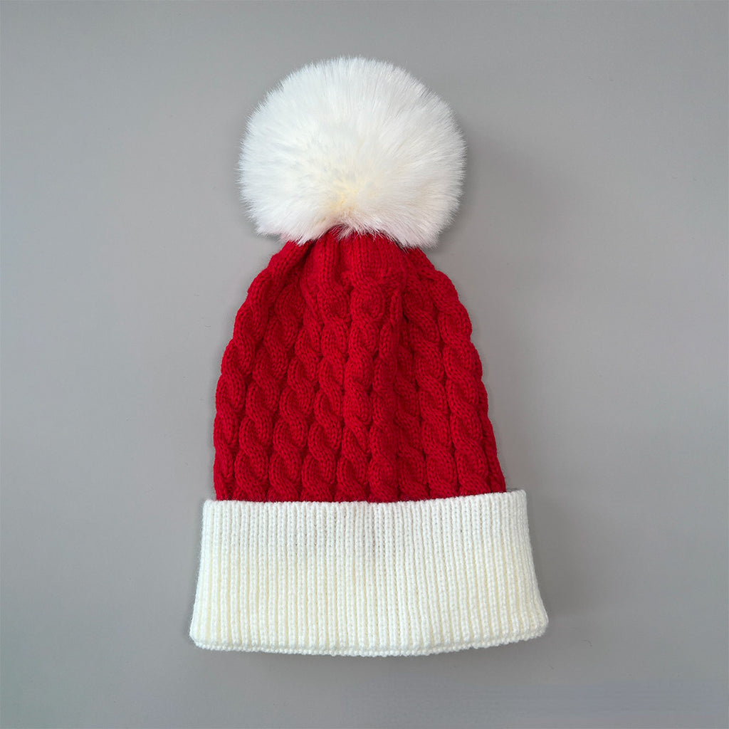 Cable Knit Pom Pom Christmas Beanie - Red