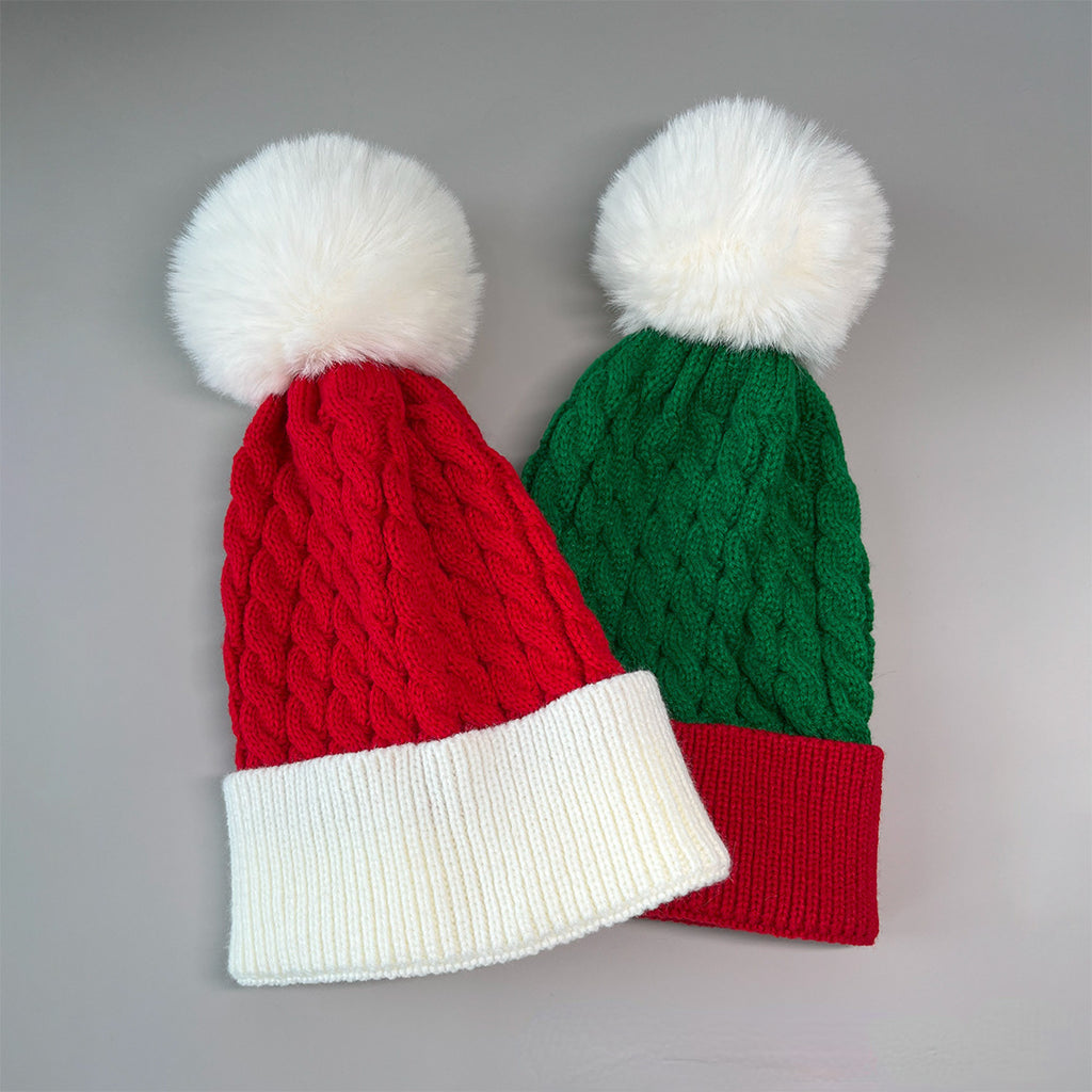 Cable Knit Pom Pom Christmas Beanie - TRed - 3