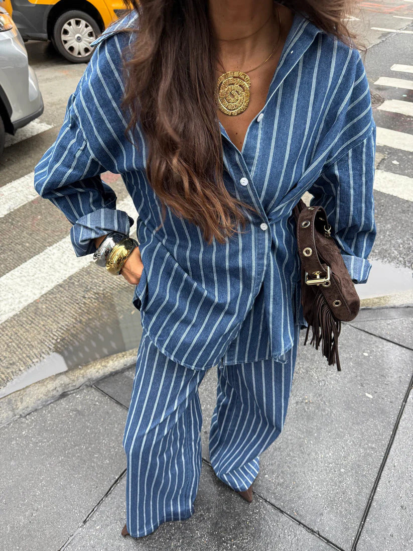 Pinstripe Oversized Shirt and Trouser Set - Blue