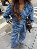 Pinstripe Oversized Shirt and Trouser Set - Blue