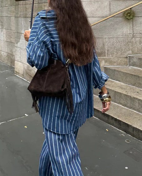 Pinstripe Oversized Shirt and Trouser Set - Blue - 1