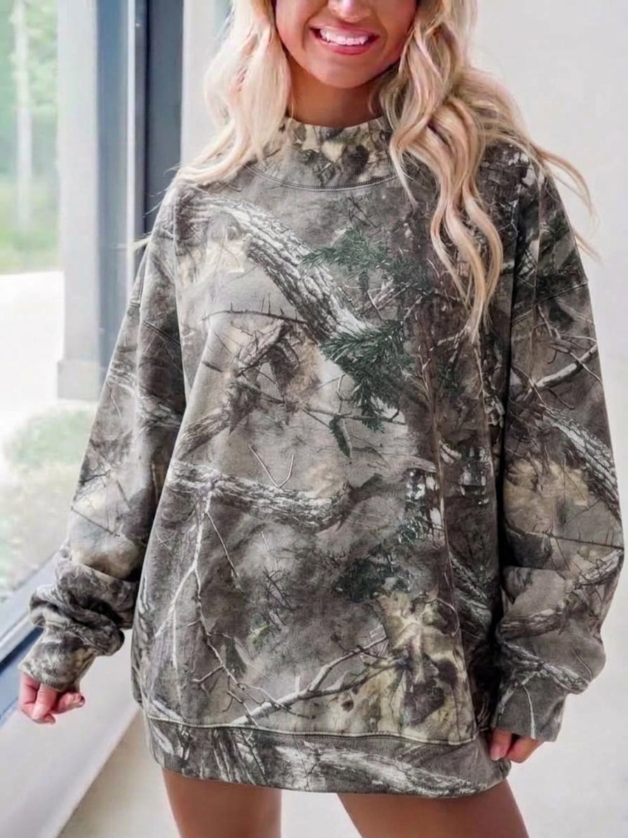 Camo Tree Branch Print Mock Neck Oversized Sweatshirt - Camo