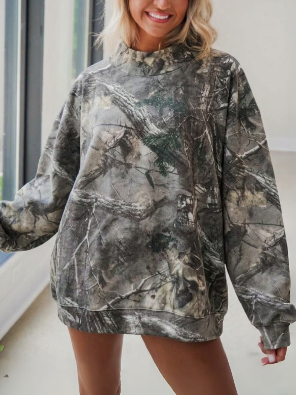 Camo Tree Branch Print Mock Neck Oversized Sweatshirt - Camo - 5