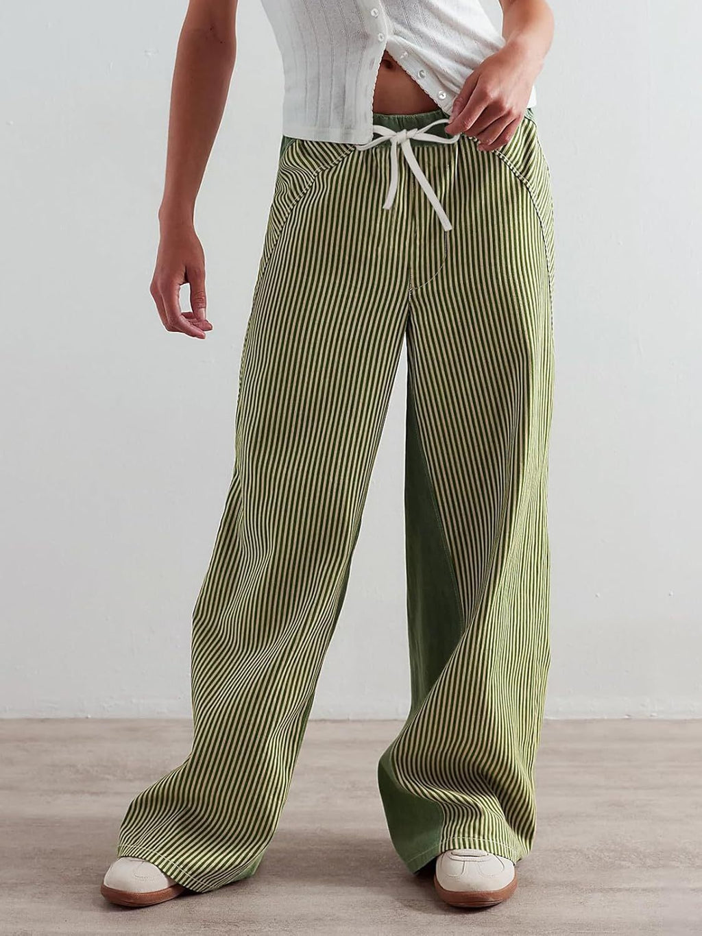 Pinstripe Drawstring Wide Leg Lounge Pants - Green