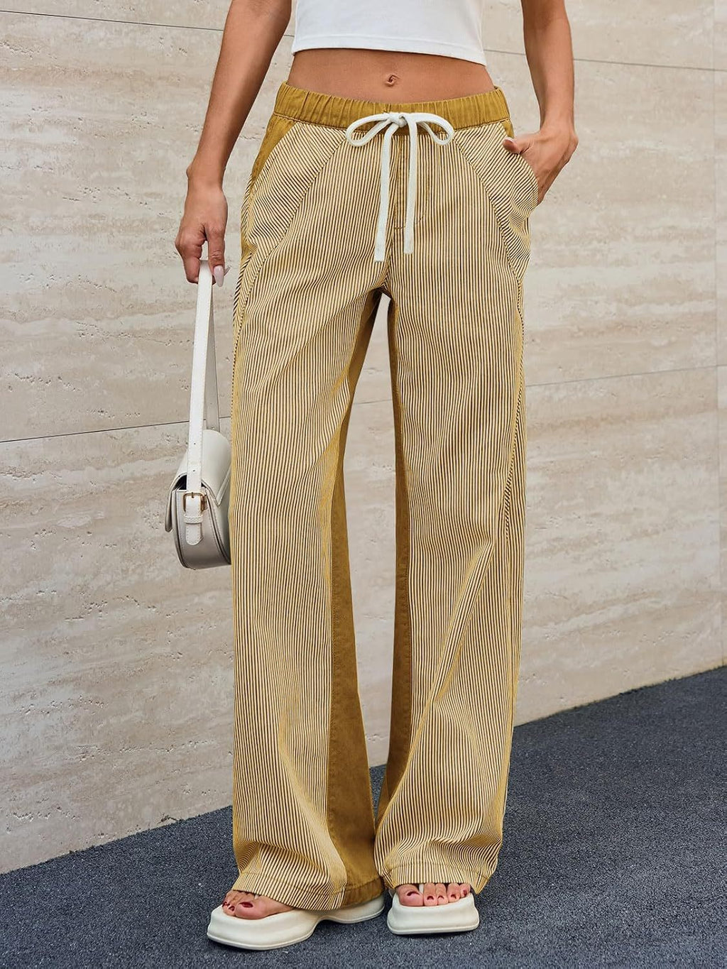 Pinstripe Drawstring Wide Leg Lounge Pants - Yellow