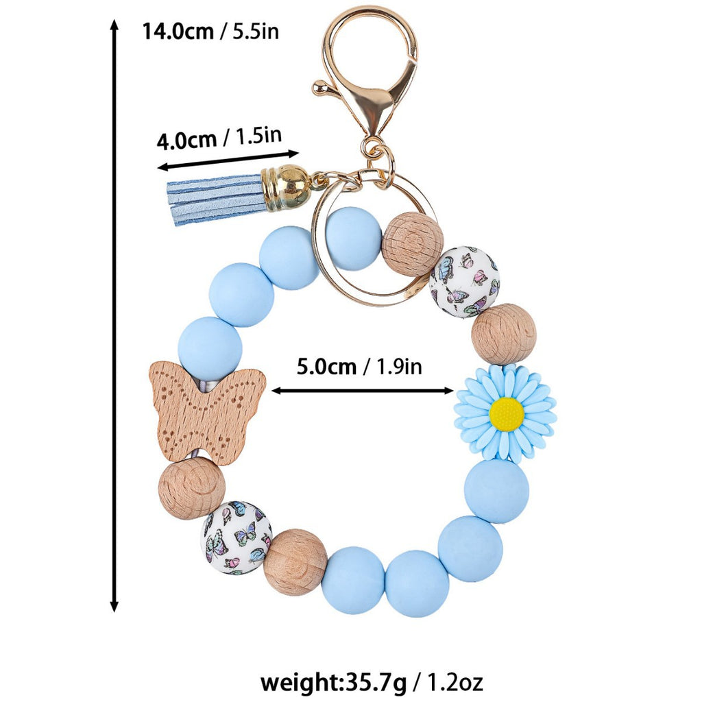 Wood Butterfly Charm Beaded Keychain Wristlet - Blue-1