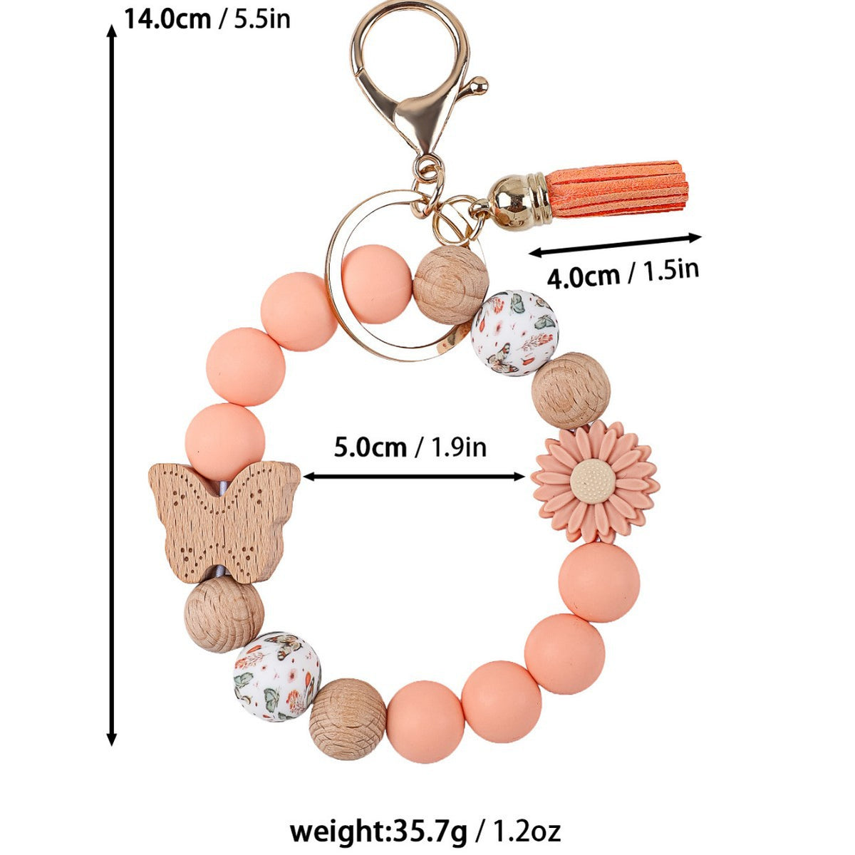 Wood Butterfly Charm Beaded Keychain Wristlet - Darkpink-1