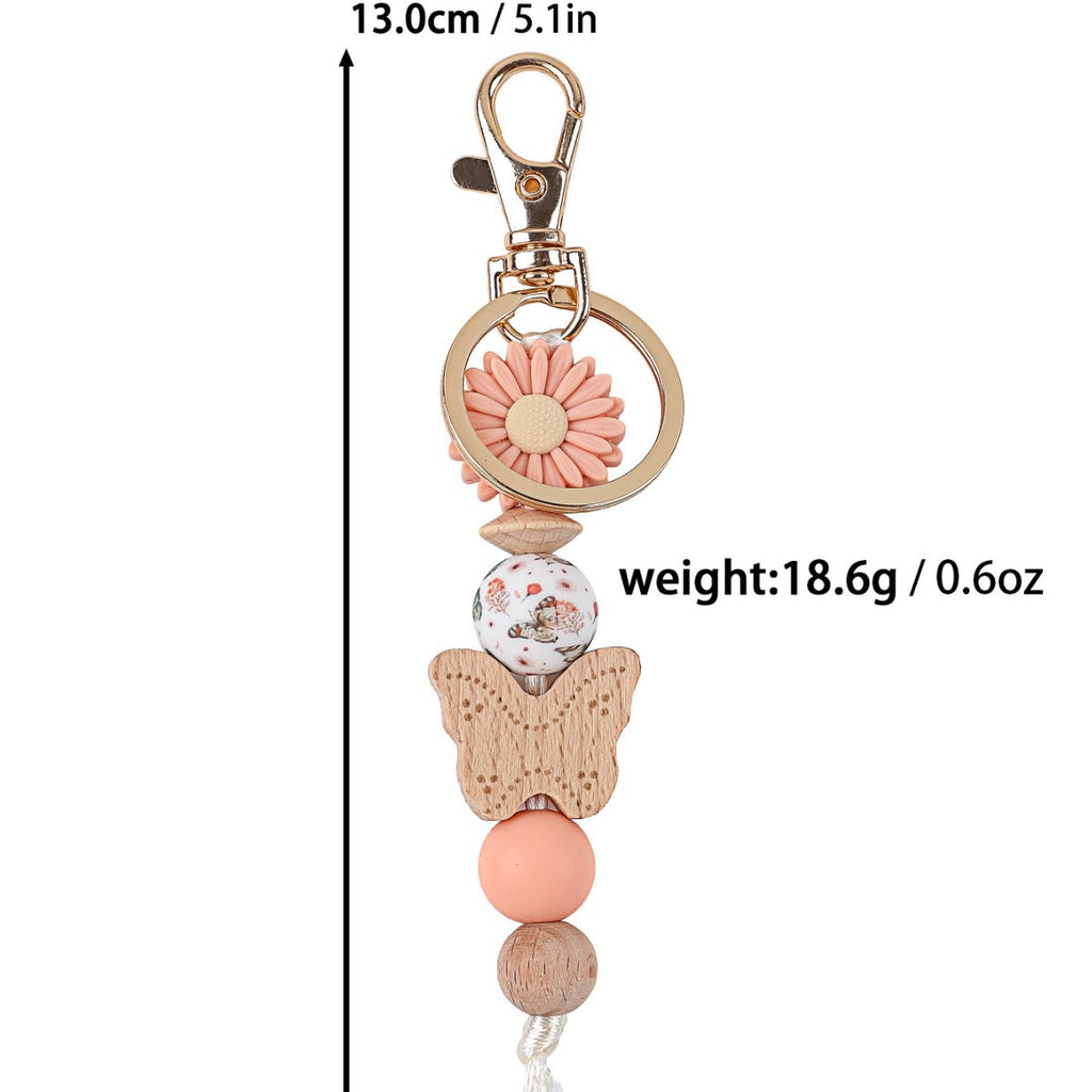 Wood Butterfly Charm Beaded Keychain Wristlet - Darkpink-2