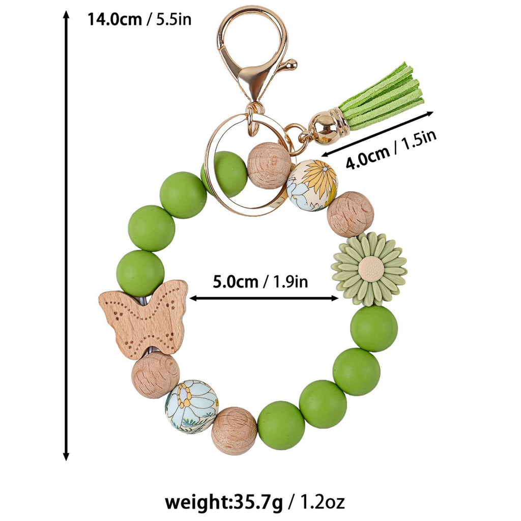 Wood Butterfly Charm Beaded Keychain Wristlet - Green-1