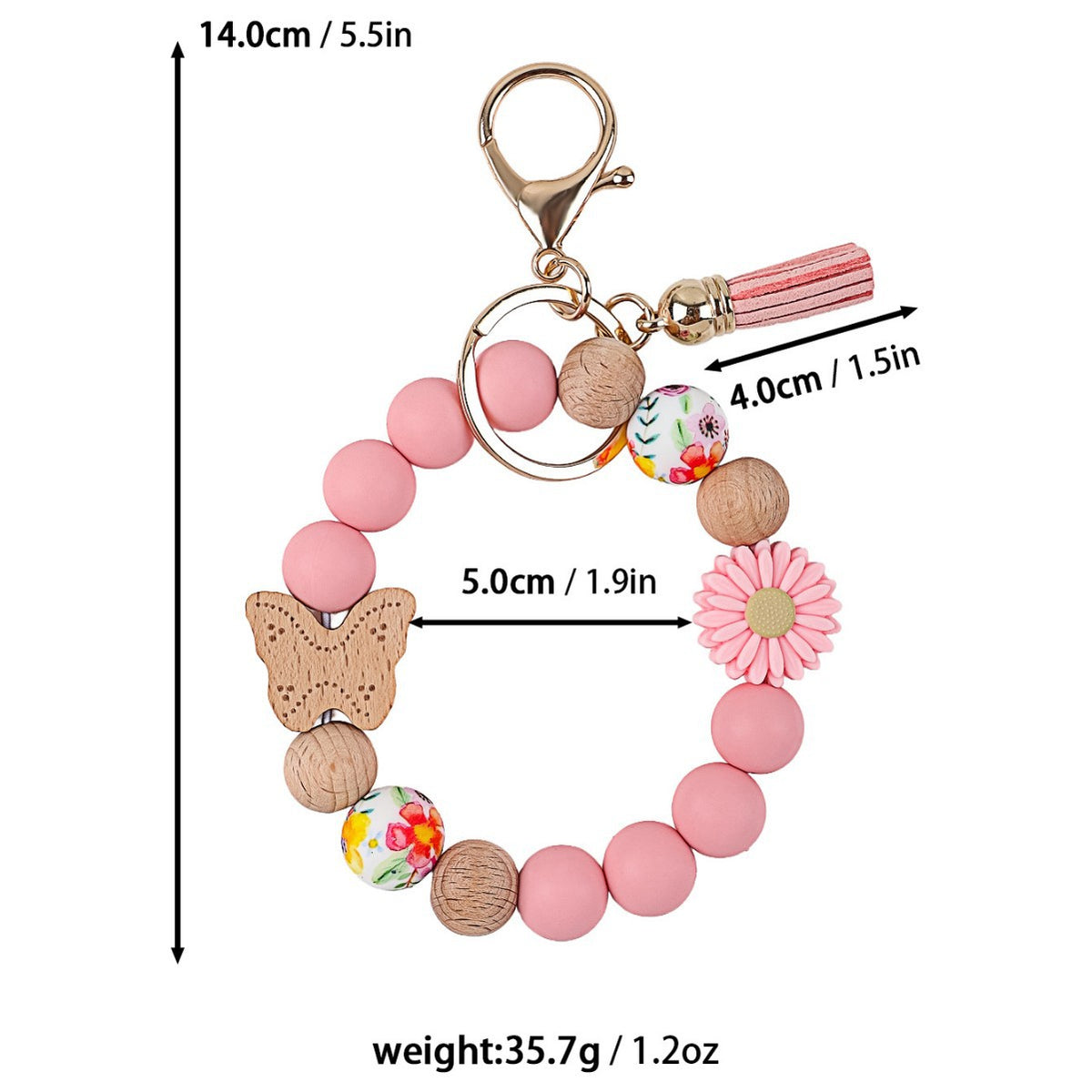 Wood Butterfly Charm Beaded Keychain Wristlet - Pink-1