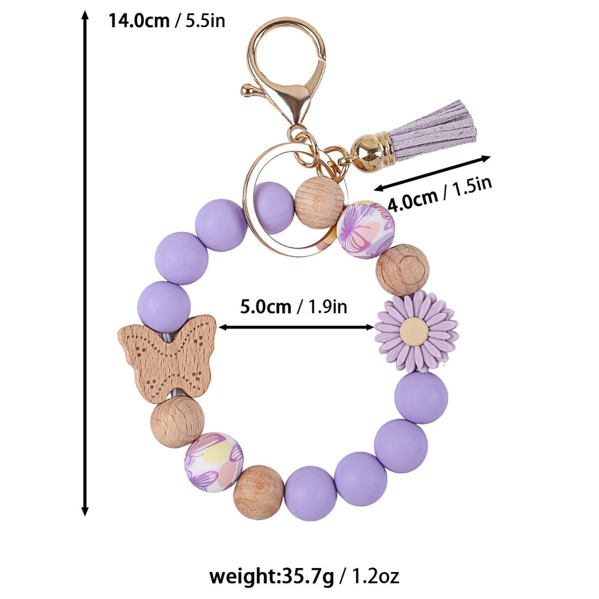 Wood Butterfly Charm Beaded Keychain Wristlet - Purple-1