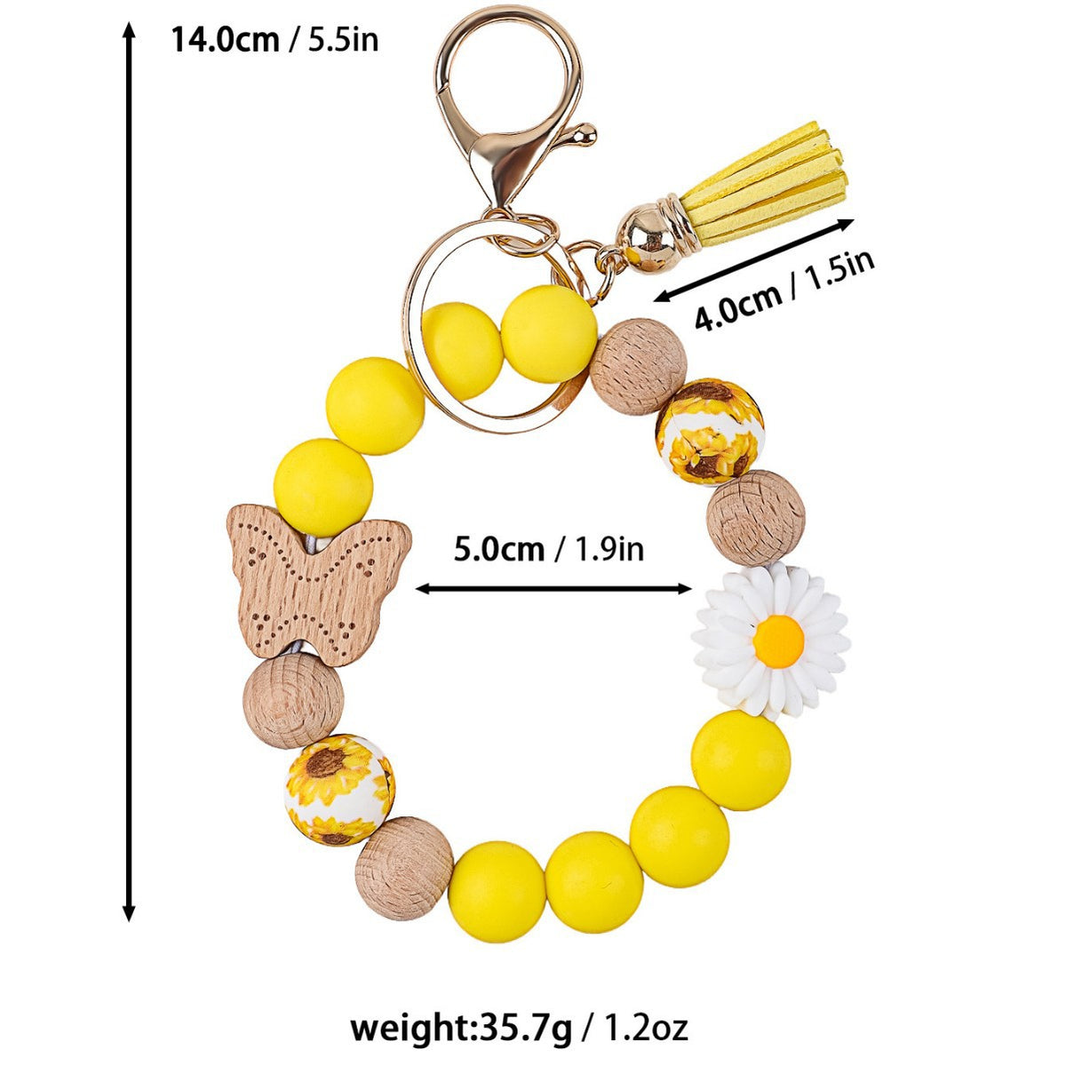 Wood Butterfly Charm Beaded Keychain Wristlet - Yellow-1