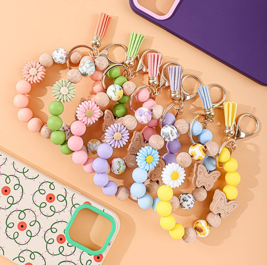 Wood Butterfly Charm Beaded Keychain Wristlet