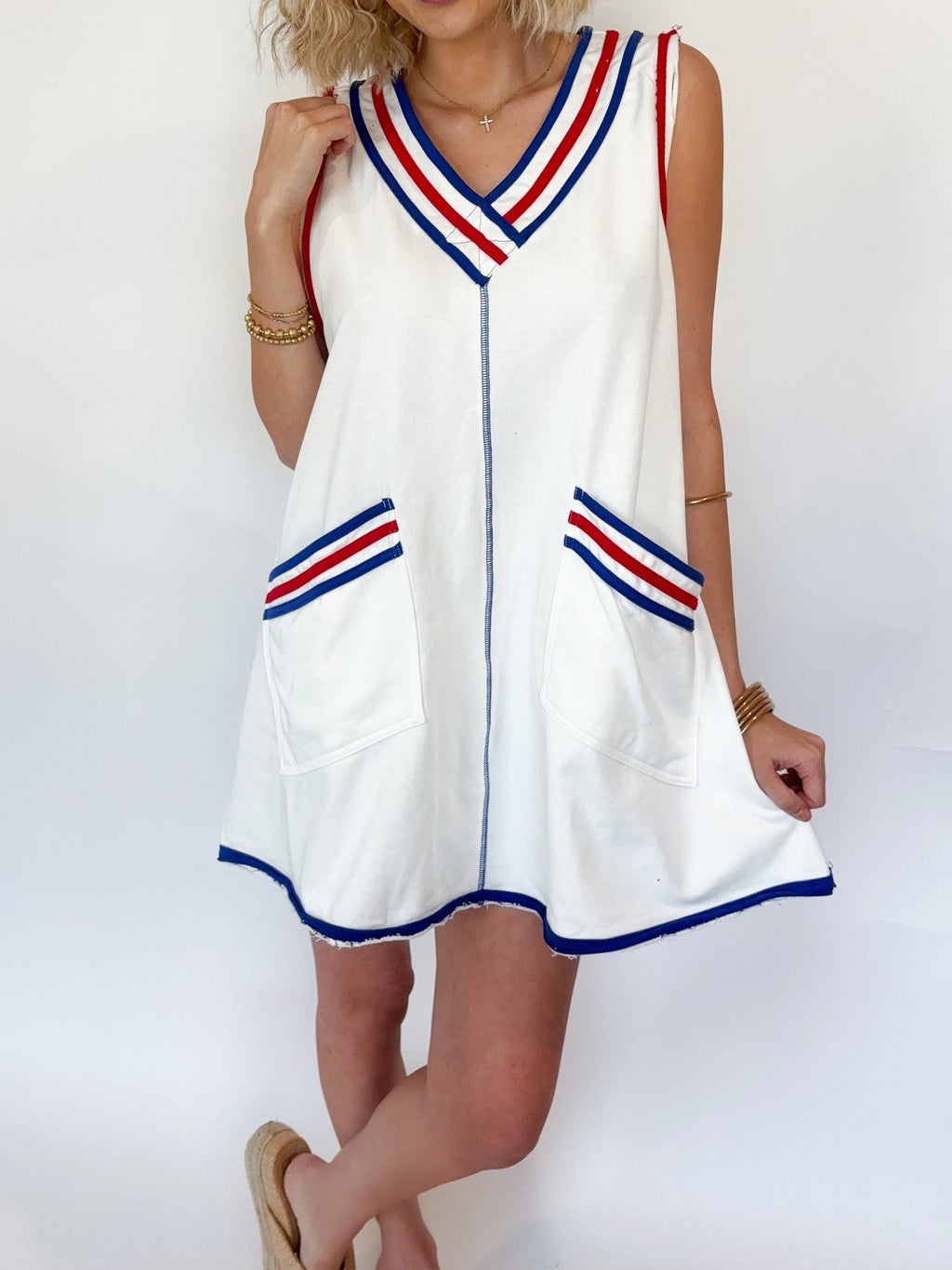 Varsity Stripe Trim V Neck Mini Dress - White