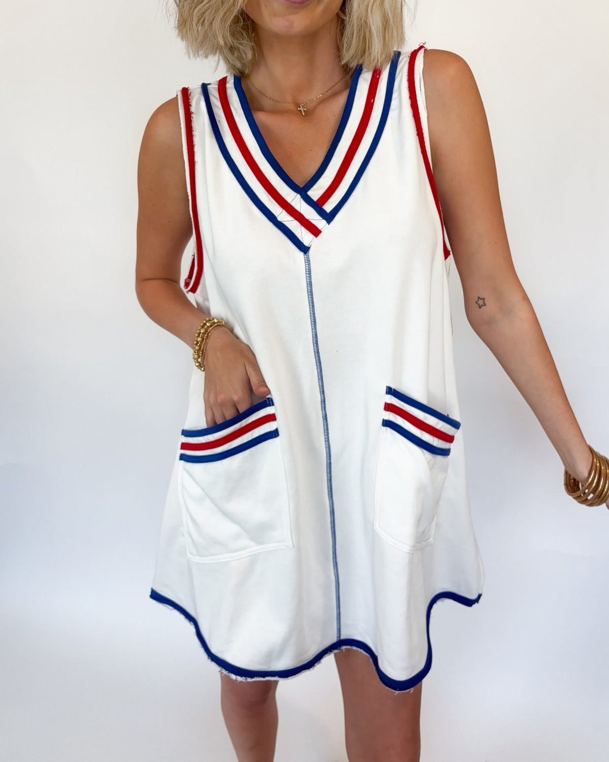 Varsity Stripe Trim V Neck Mini Dress - White - 1