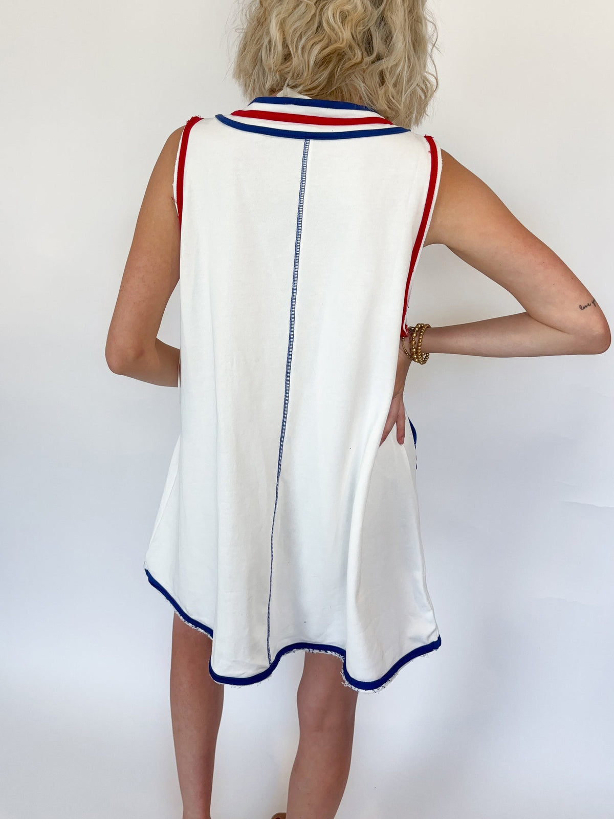 Varsity Stripe Trim V Neck Mini Dress - White - 2