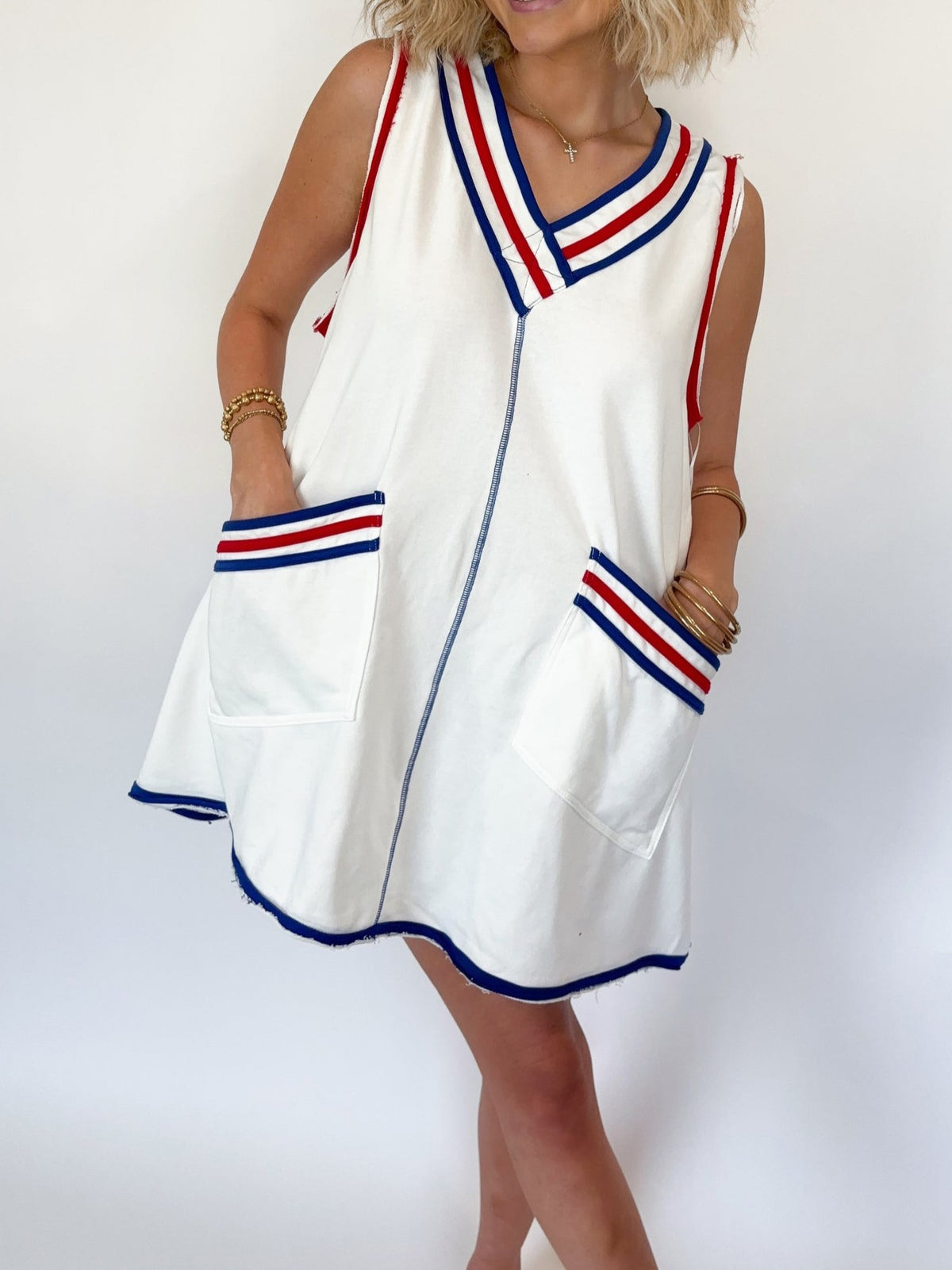 Varsity Stripe Trim V Neck Mini Dress - White - 3