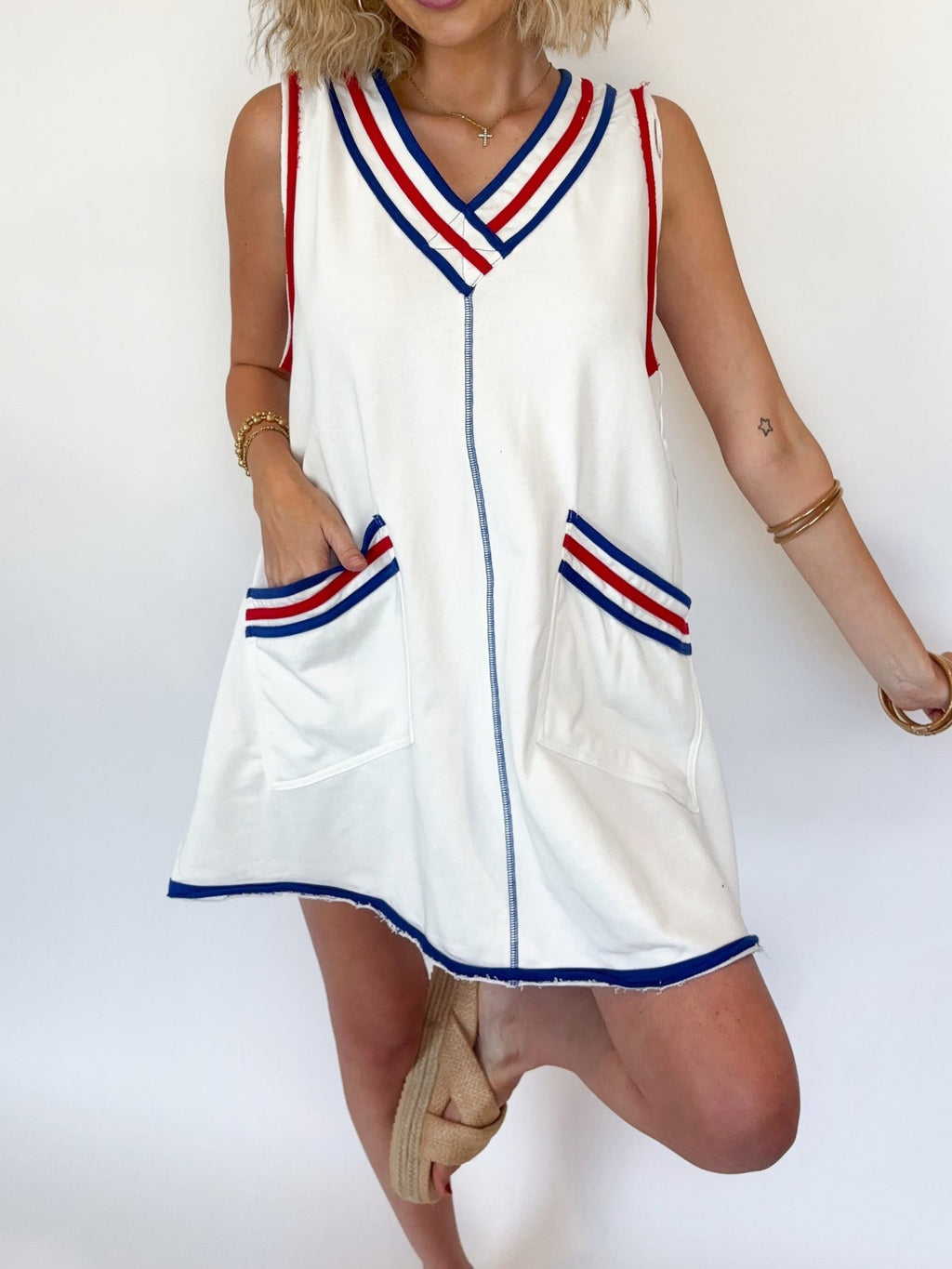 Varsity Stripe Trim V Neck Mini Dress - White - 4