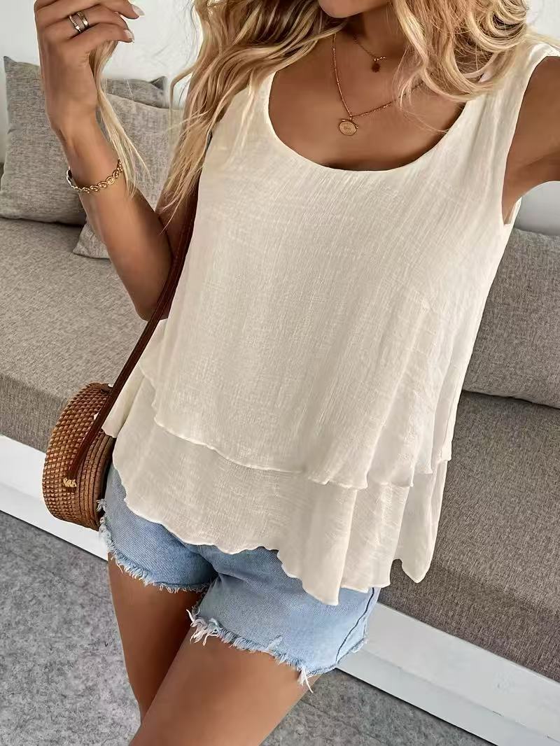 Layered Scoop Neck Gauze Tank Top - Beige - 1