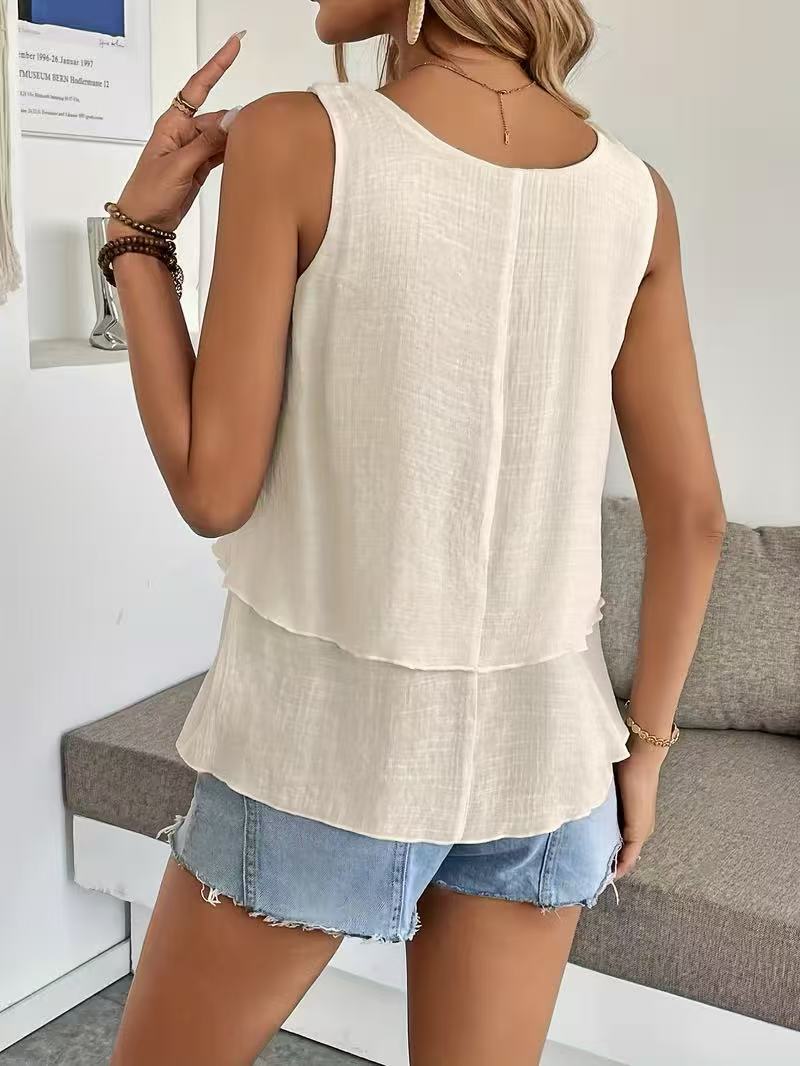 Layered Scoop Neck Gauze Tank Top - Beige - 4