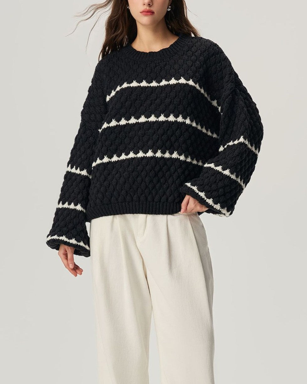 Bobble Stripe Oversized Crew Neck Sweater - Black