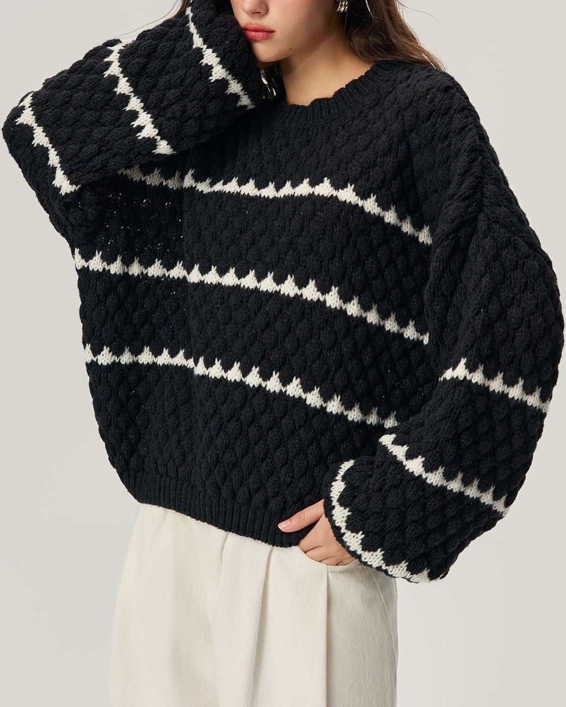 Bobble Stripe Oversized Crew Neck Sweater - Black - 1