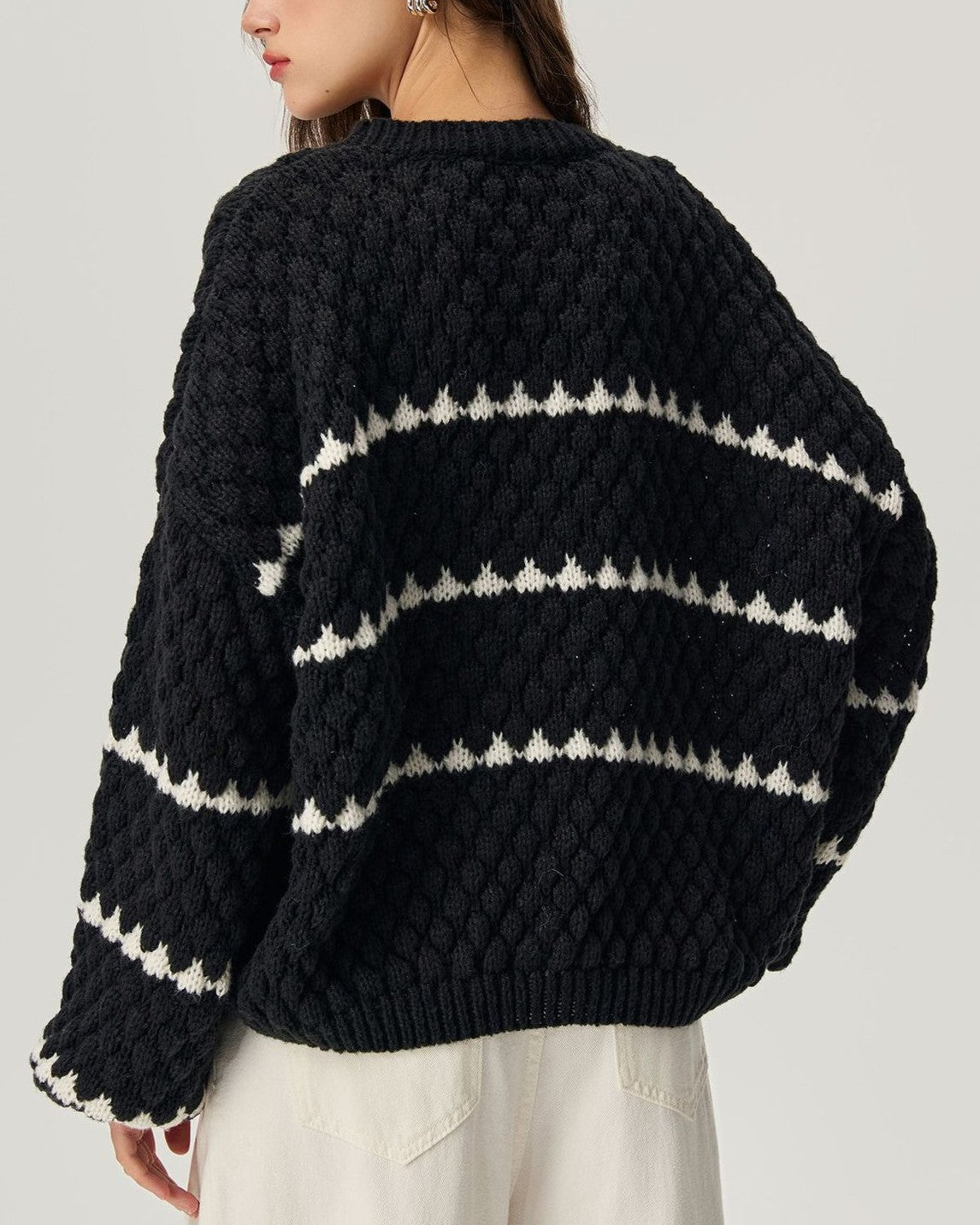 Bobble Stripe Oversized Crew Neck Sweater - Black - 2