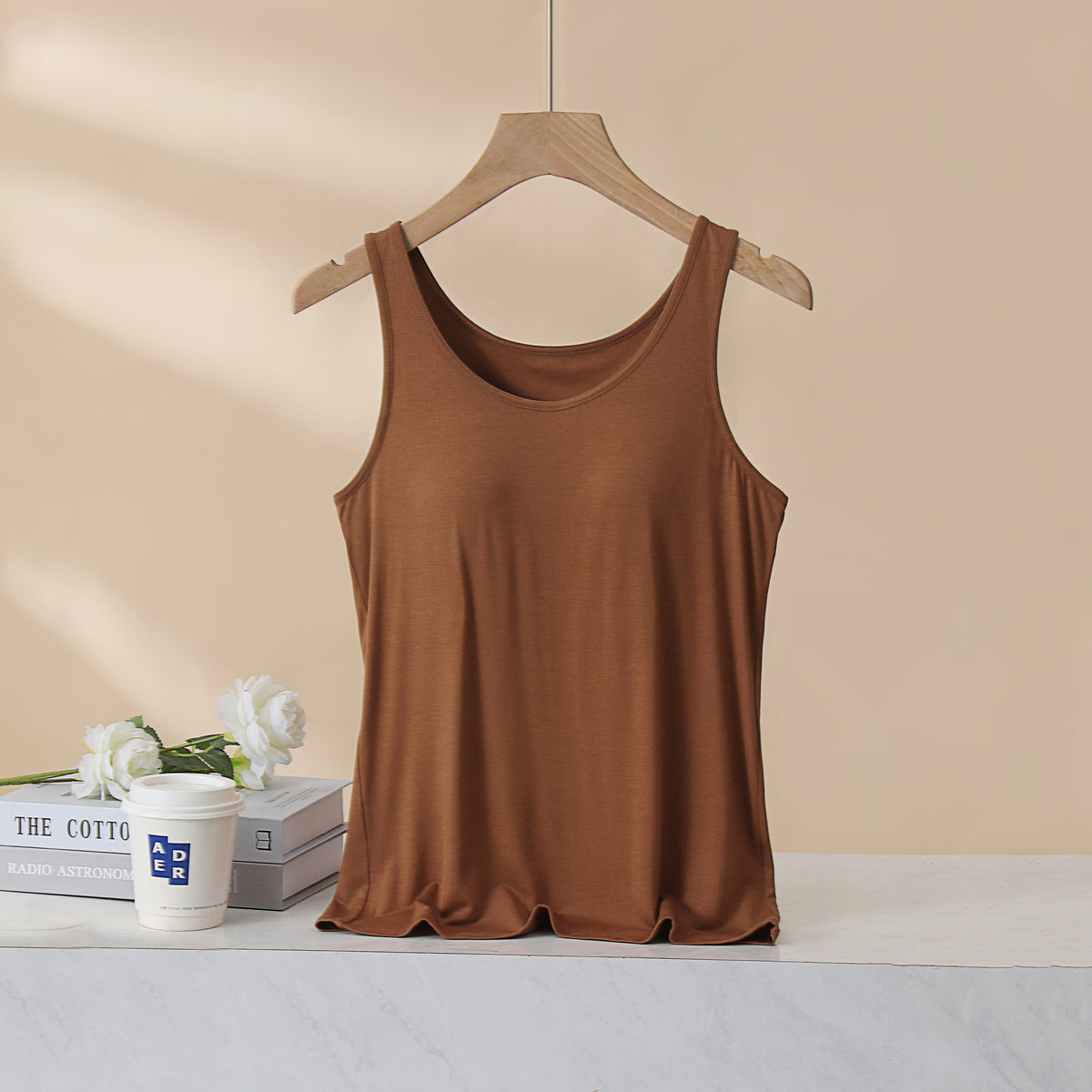 Scoop Neck Modal Tank With Built In Bra - Caramel
