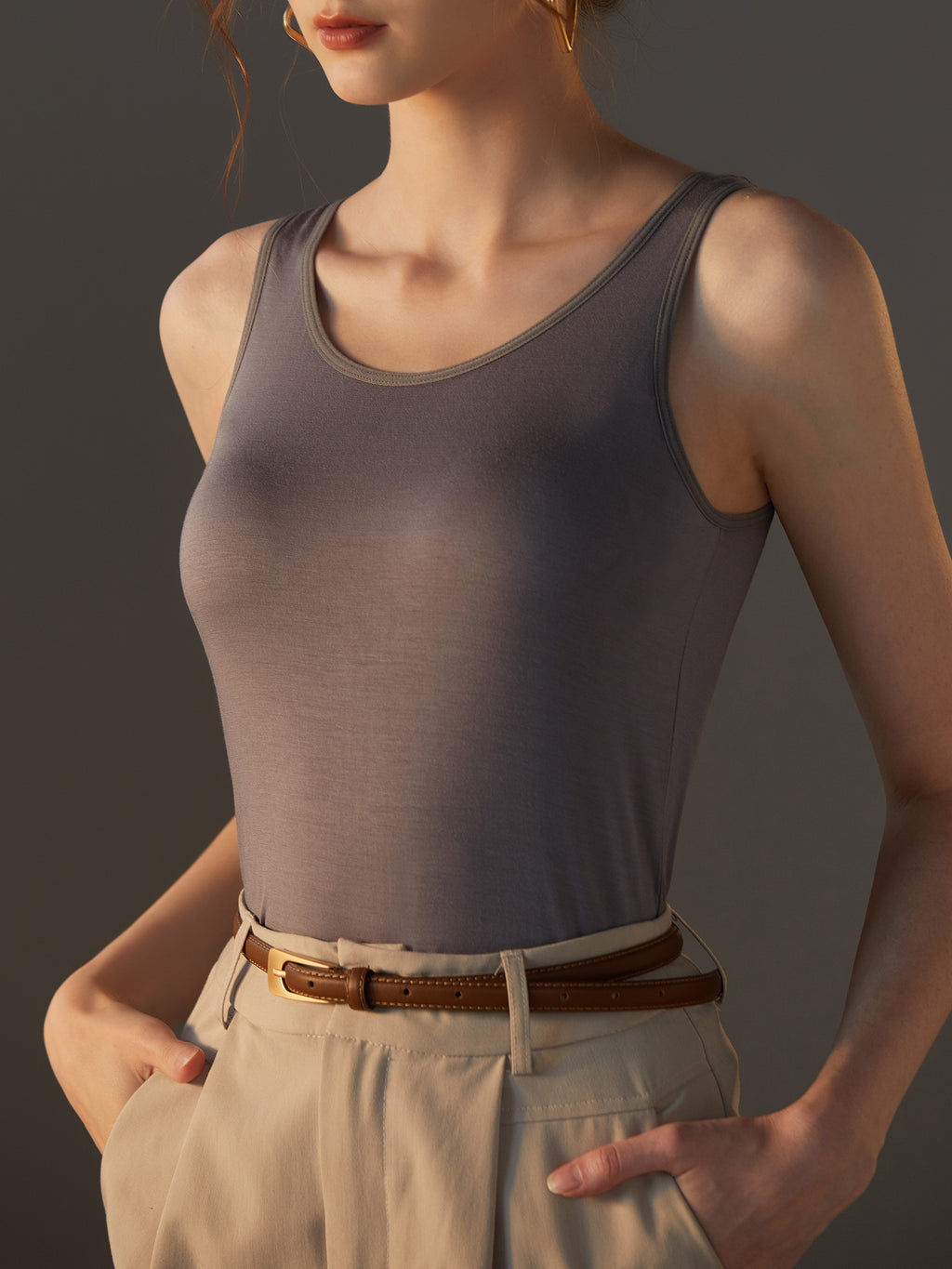 Scoop Neck Modal Tank With Built In Bra - Gray