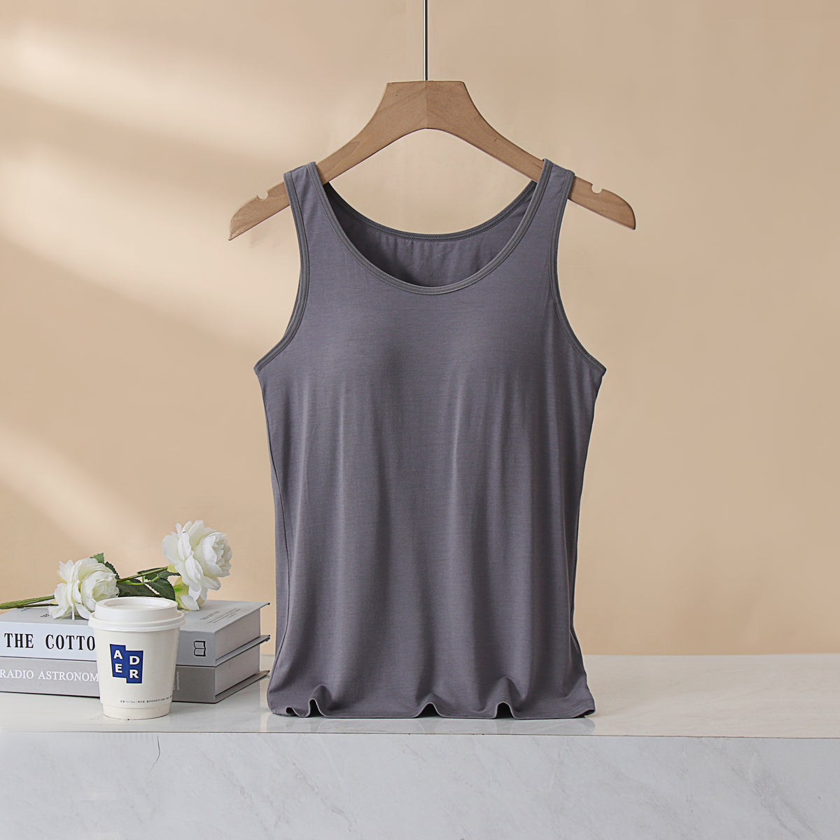 Scoop Neck Modal Tank With Built In Bra - Gray - 1