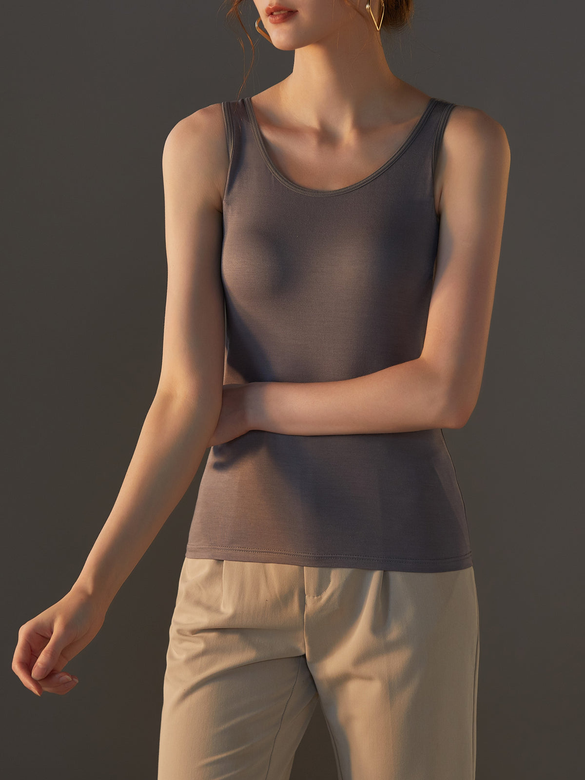 Scoop Neck Modal Tank With Built In Bra - Gray - 15