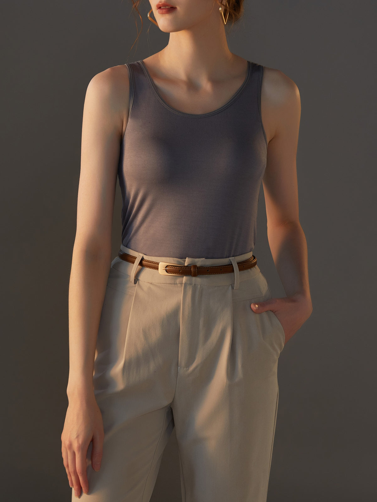 Scoop Neck Modal Tank With Built In Bra - Gray - 16
