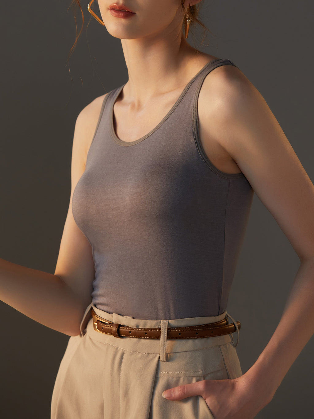 Scoop Neck Modal Tank With Built In Bra - Gray - 17
