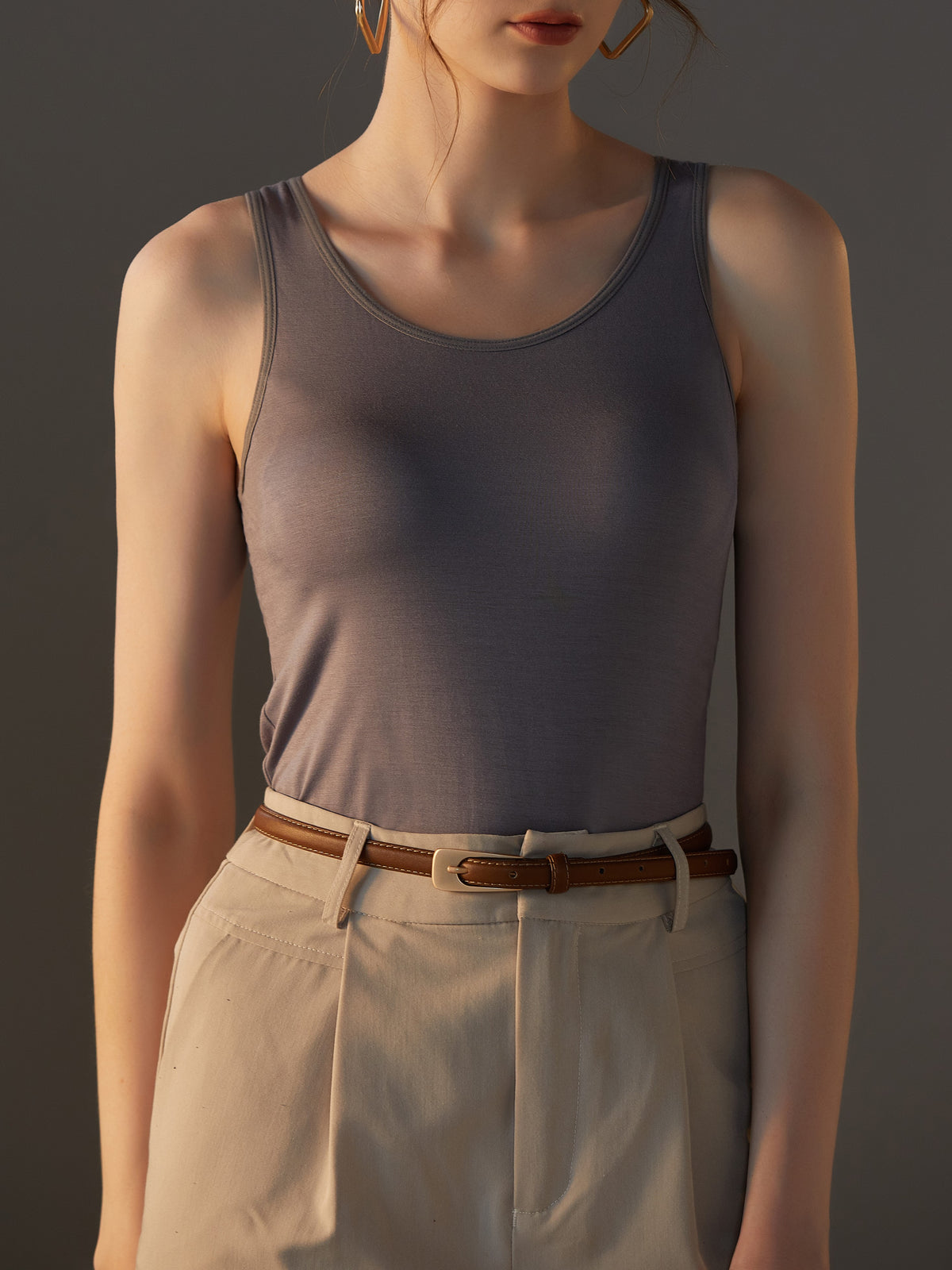 Scoop Neck Modal Tank With Built In Bra - Gray - 18
