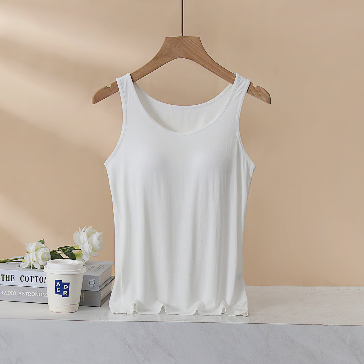 Scoop Neck Modal Tank With Built In Bra - White