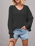 Slouchy V Neck Off Shoulder Sweater - Black