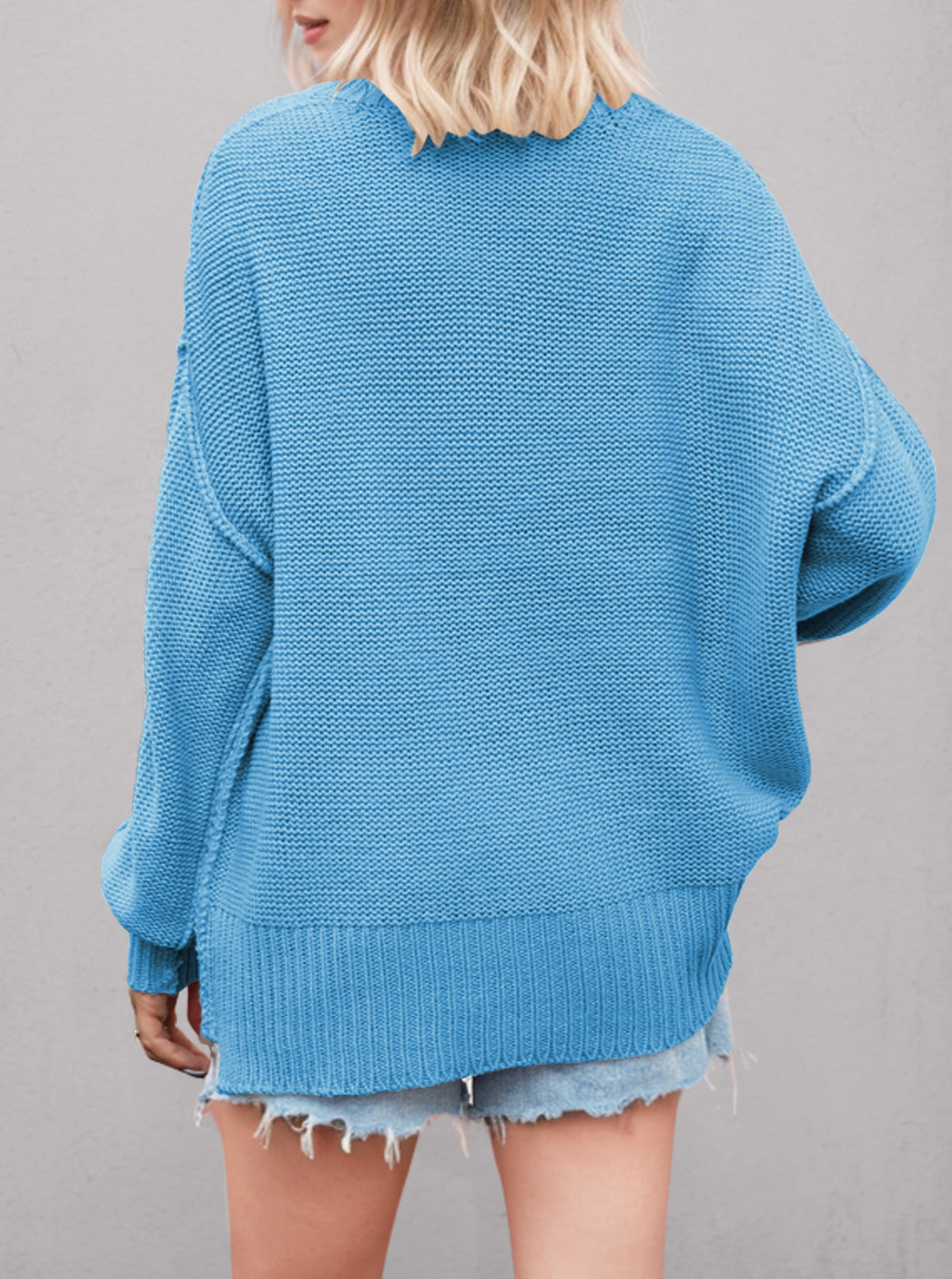 Slouchy V Neck Off Shoulder Sweater - Blue - 1