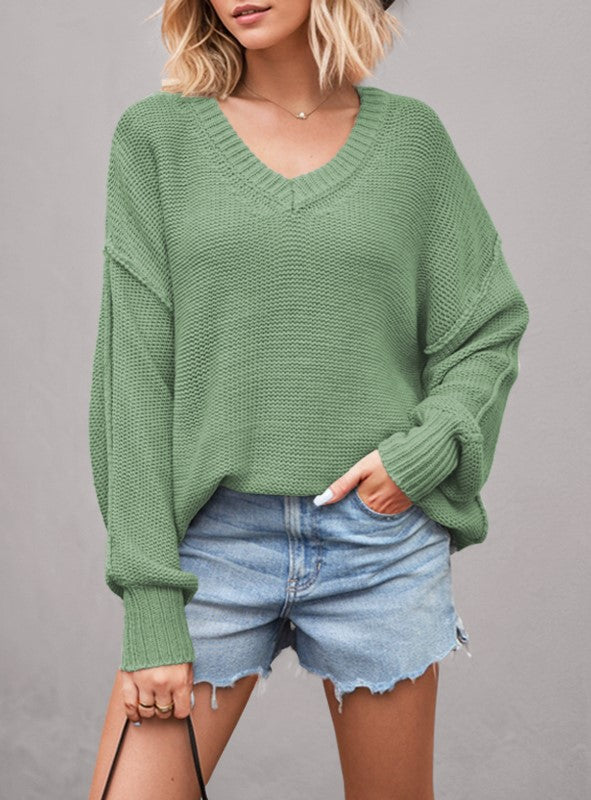 Slouchy V Neck Off Shoulder Sweater - Green