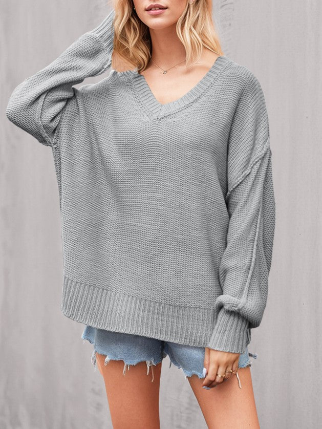 Slouchy V Neck Off Shoulder Sweater - Grey - 1