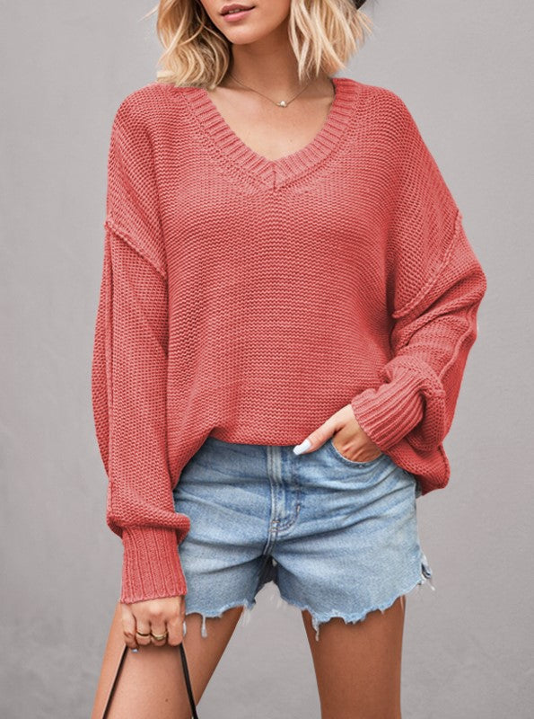 Slouchy V Neck Off Shoulder Sweater - Red - 1