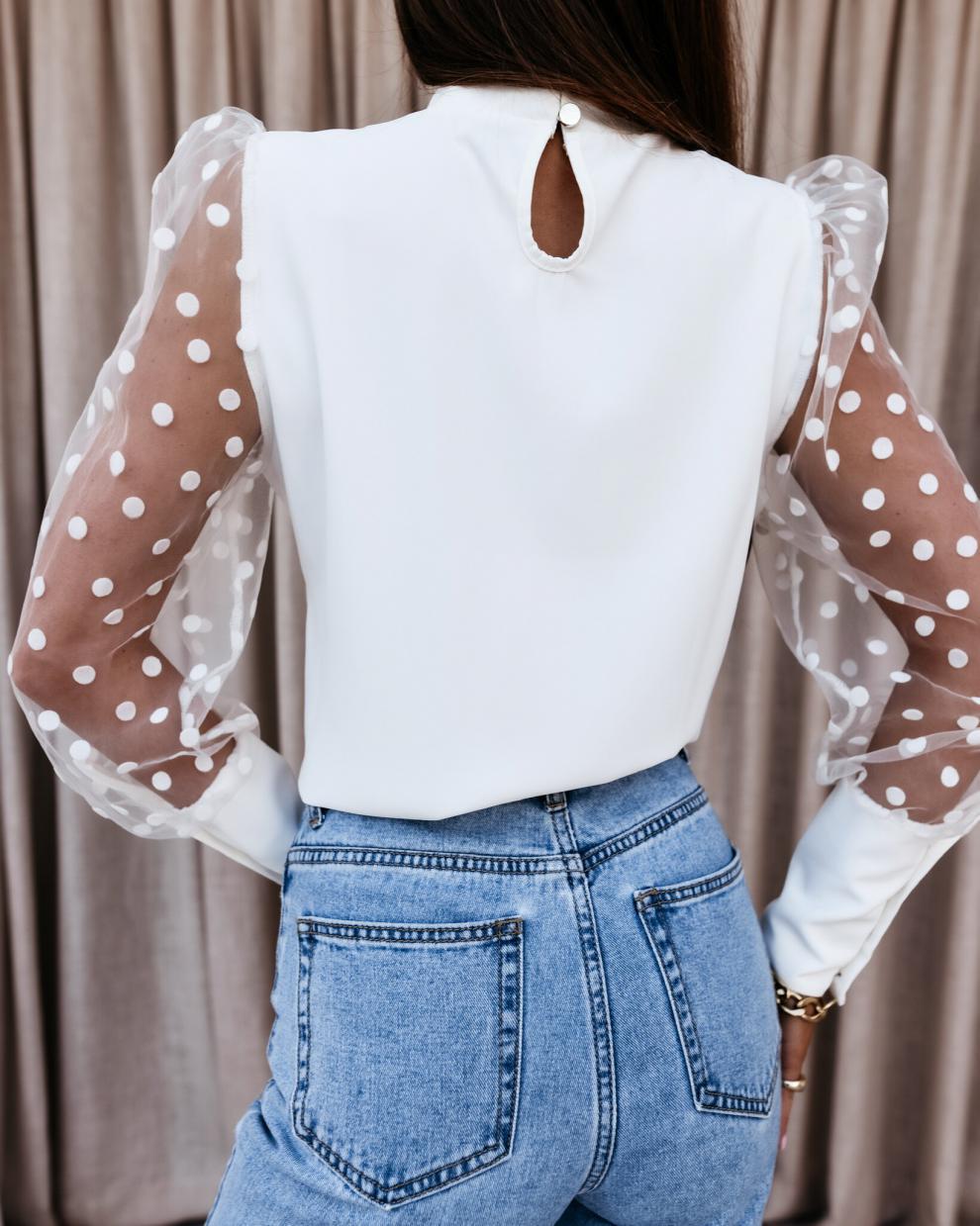Sheer Dot Mesh Sleeve Mock Neck Blouse - White - 1