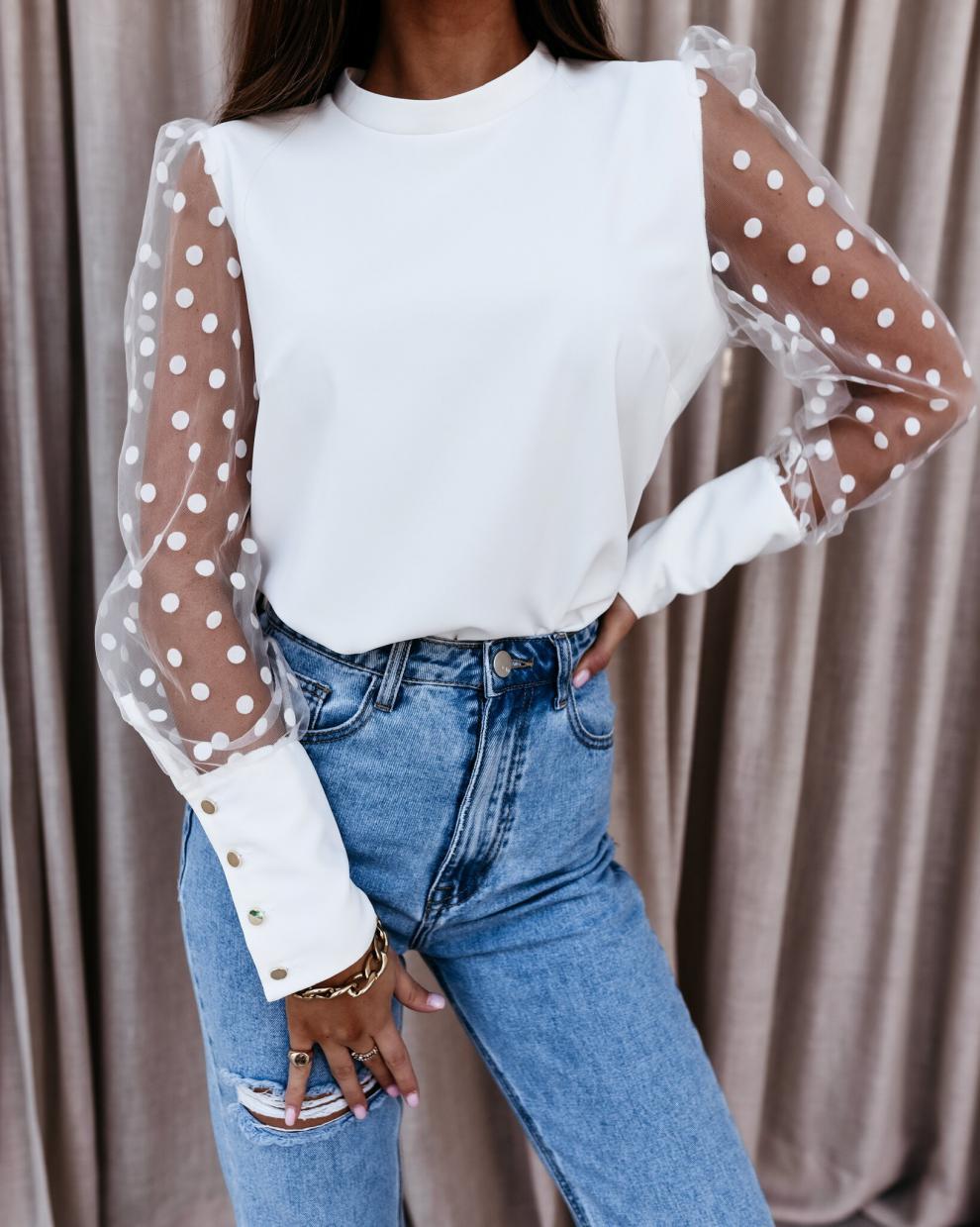 Sheer Dot Mesh Sleeve Mock Neck Blouse - White - 2