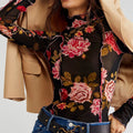Sheer Mesh Rose Print Turtleneck Top - Black